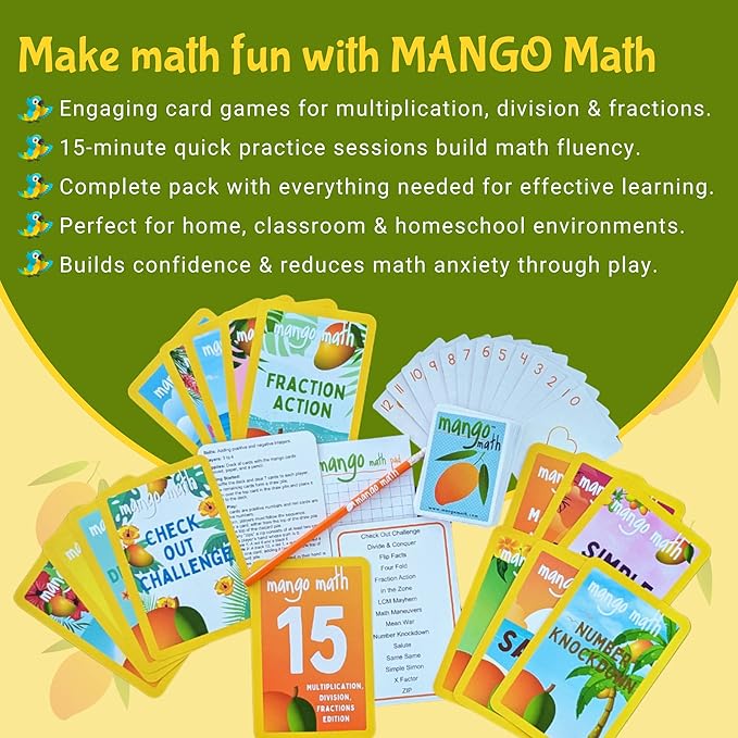 MANGO Math 15® - Math Flash Cards - Educational Math Games for Kids - Multiplication, Division, Fractions Learning Kit -2nd 3rd 4th Grades - Kids 6-12 - Set of 15 Games - English Version