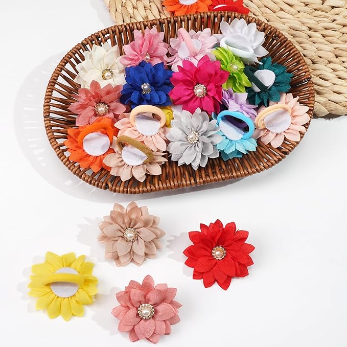 40Pcs Baby Chiffon Flower Hair Ties for Toddler Girls - 2.2 Inch Handmade Pearl Rhinestone Chiffon Flower Soft Elastics Ponytail Holders for Newborns to Kids