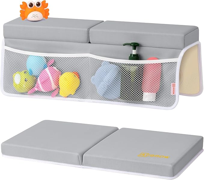 Bath Kneeler and Elbow Rest Pad Set - Comfortable 1.5” Thick Baby Bath Kneeler Pads with Toys Organizer, Non-Slip Knee Arm Support Bathtub Mat, Quick-Drying Kneeling Pad for Baby Bath Time