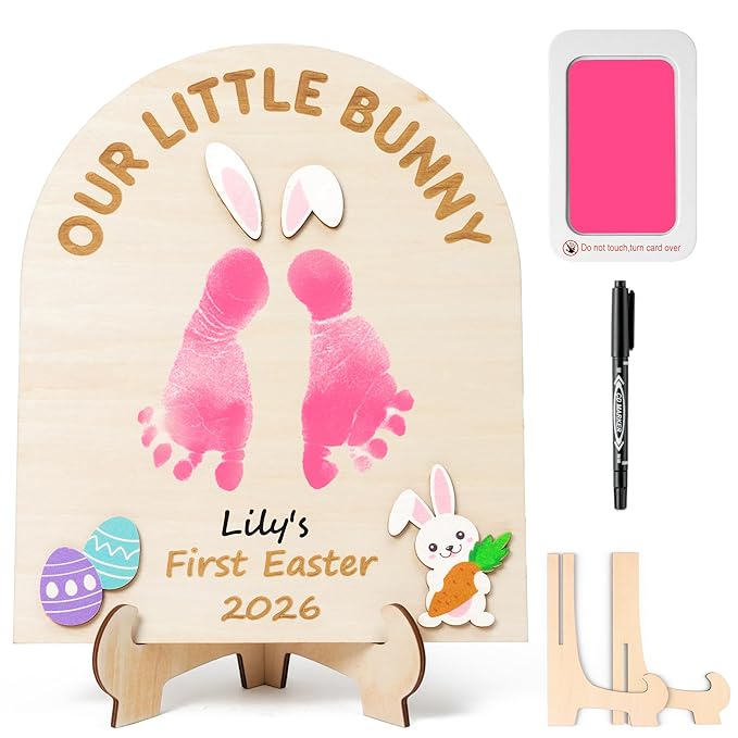 R HORSE DIY Baby's First Easter Footprint or Handprint Art Sign with Ink Pad, 3D Newborn Bunny Wooden Milestone with Marker Pen, Baby 1st Easter Keepsake Craft Gift Nursery Photo Prop Baby Shower