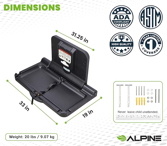 Alpine Wall Mounted Baby Changing Station - Horizontal Baby Changing Table Foldable Diaper Tables with Safety Strap for Commercial Bathroom, ADA Complaint (Hardware Included) Black