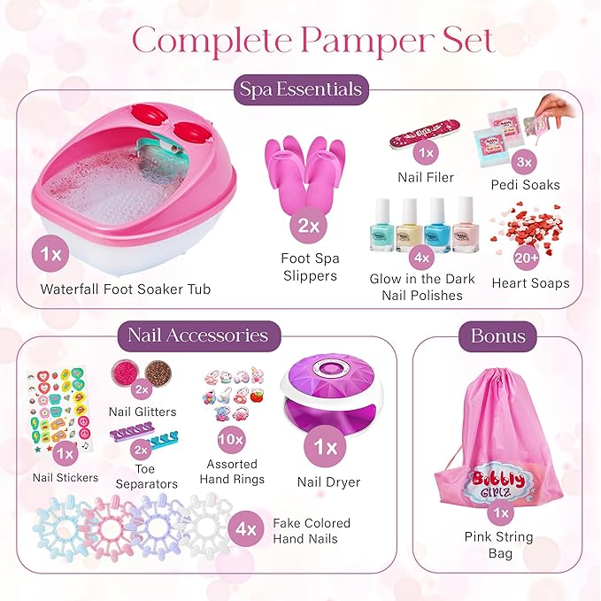 Glow in Dark Kids Spa Day Kit for Girls, 42+ Pieces Waterfall Foot Spa Toys, Nail Spa Kit, Pedicure Manicure Accessories, Perfect Spa Kit for Girls Ages 6 7 8 9 10 11 12, Fun Birthday Gifts or Present