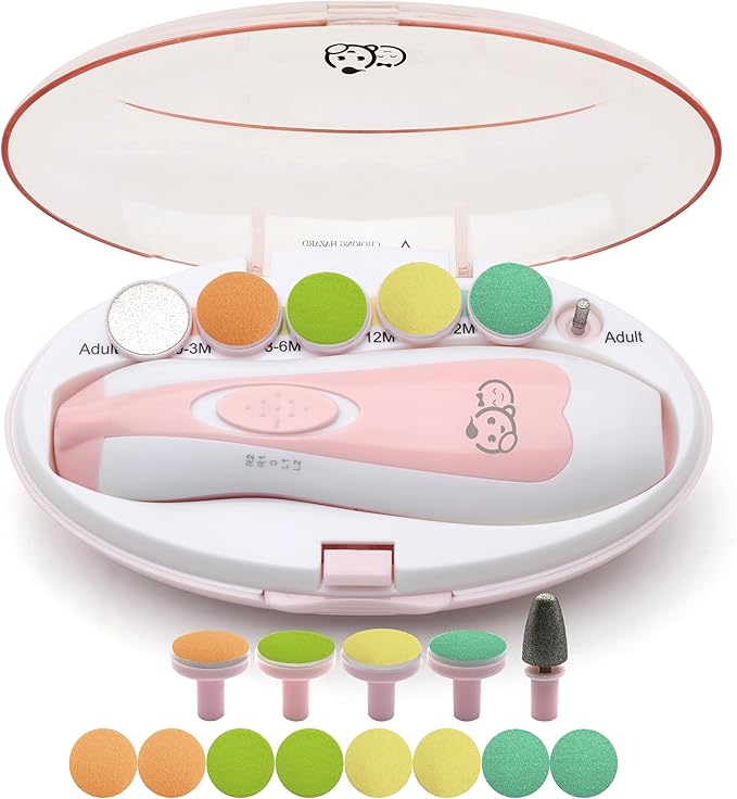 Royal Angels Upgraded 21 in 1 Baby Nail Trimmer with Labeled Case, 13 Extra Replacement Pads, Safe Electric Baby Nail File Kit for Newborns & Toddlers, Whisper Quiet Nail Clipper with LED Light (Pink)