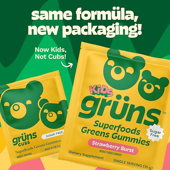 Gruns Multivitamin for Kids, Sugar-Free, Super Greens Superfood Gummy Bears with 20 Vitamins & Minerals, Alfalfa, Spirulina, Chlorella, Prebiotics Fiber for Digestive Health, Adaptogens, 28 ct