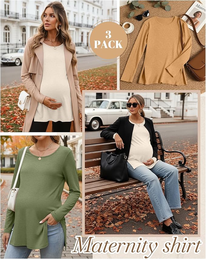 Riyiper 3 Pack Women's Maternity Long Sleeve T-Shirts Round Neck Side Split Tops Loose Casual Pregnancy Mama Clothes Fall