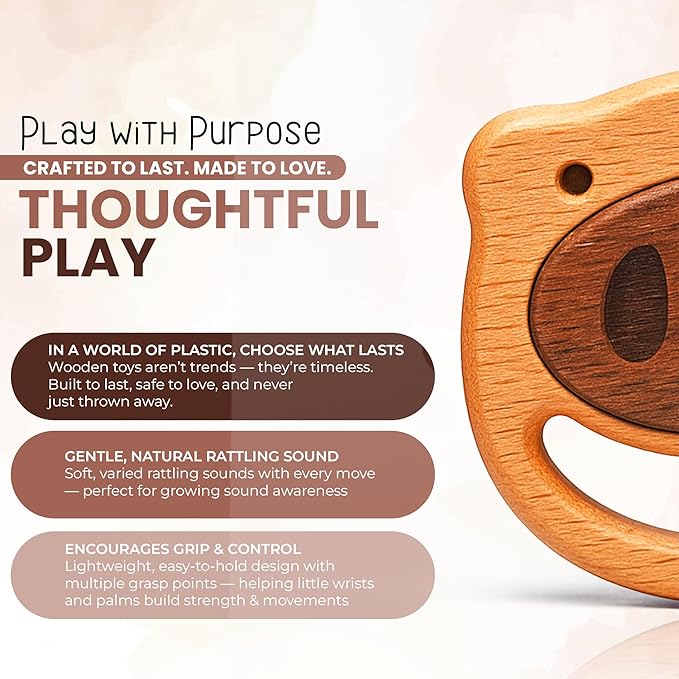 HippoToys Wooden Baby Rattle for 0 to 12 Months | No Paint, No Plastic, No Toxins | Montessori Inspired Natural Baby Toy | Calm Muted Sound | 100 Percent Natural Beechwood | Ideal for Baby Gifting