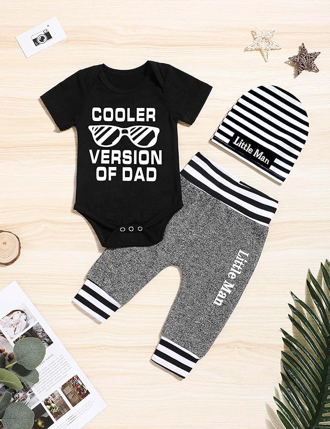 Fommy Newborn Baby Boy Clothes New to The Crew Letter Print Romper+ Pants+Hat 3PCS Outfit