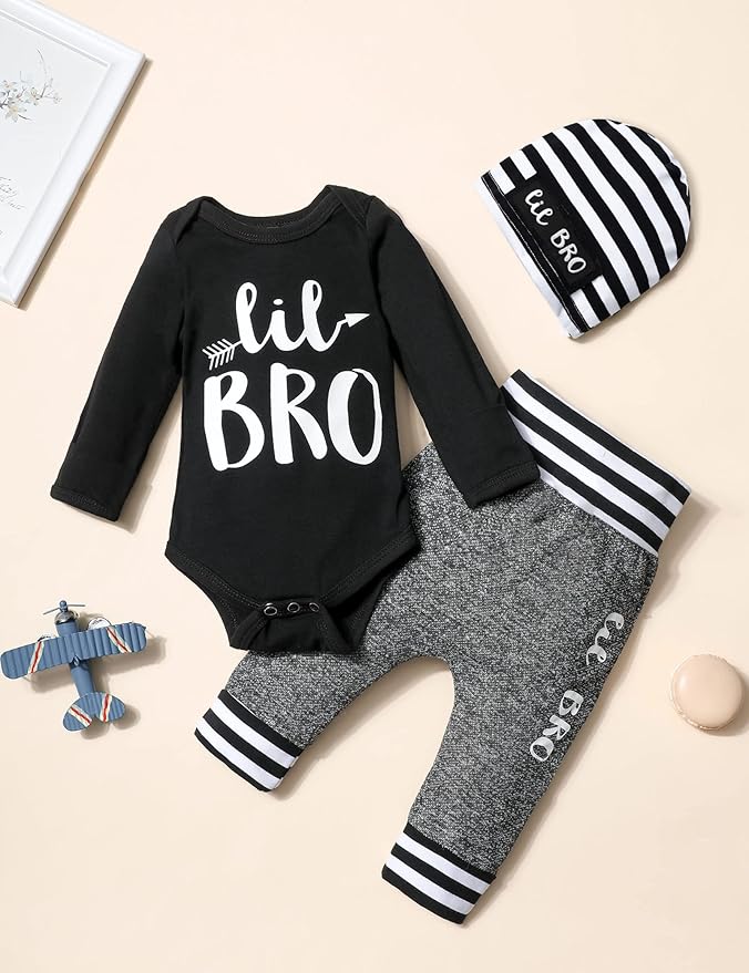 Fommy Newborn Baby Boy Clothes New to The Crew Letter Print Romper+ Pants+Hat 3PCS Outfit
