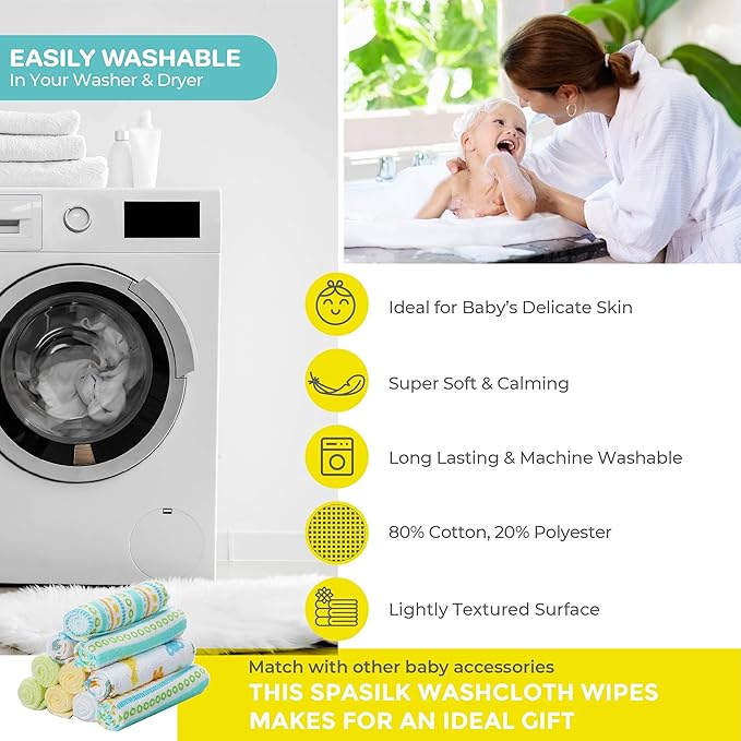 Spasilk Baby Washcloth Wipes Set for Newborn Boys and Girls, Soft Terry Washcloth Set, Pack of 10, Yellow Lines