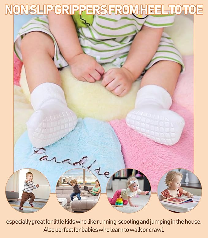 LANLEO Baby Girls Boys Non Slip Socks with Grips Toddler Kids Unisex Warm Thick Cotton Ankle Crew Socks with Grippers