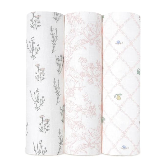 aden + anais Silky Soft Swaddle Blanket, Boutique Muslin Blankets for Girls & Boys, Baby Receiving Swaddles, Ideal Newborn & Infant Swaddling Set, Perfect Shower Gifts, 3 Pack, French Floral