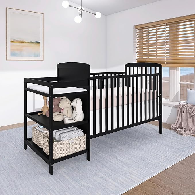 Dream On Me Anna 3-in-1 Convertible Full-Size Baby Crib & Changer with Storage in Black, GreenGuard Gold & JPMA, Pinewood, Converts to Day & Toddler Bed, 3 Mattress Heights, 1″ Changing Pad
