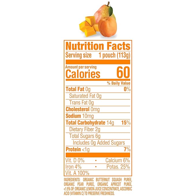 Happy Baby Organics Stage 2 Baby Food Pouches, Gluten Free, Vegan & Healthy Snack, Clearly Crafted Fruit Puree, Squash, Pears & Apricots, 4 Ounces (Pack of 16)