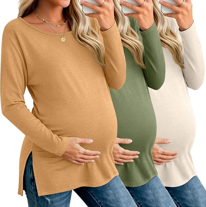 Riyiper 3 Pack Women's Maternity Long Sleeve T-Shirts Round Neck Side Split Tops Loose Casual Pregnancy Mama Clothes Fall