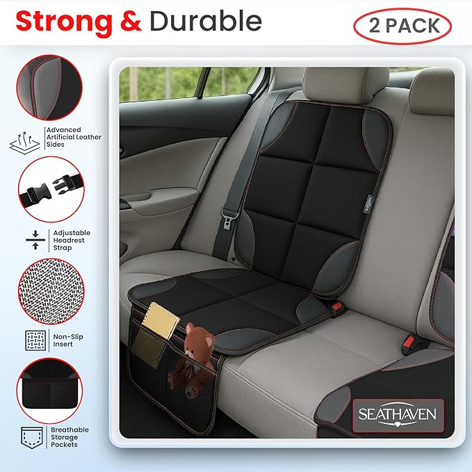 Car Seat Protector for Child Car Seat, 2 Pack Waterproof 600D Carseat Cover for Baby/Pets with Non-Slip Backing, Thick Padding, Mesh Pockets - Leather Seat Protector for Cars, SUV, Truck (Black)