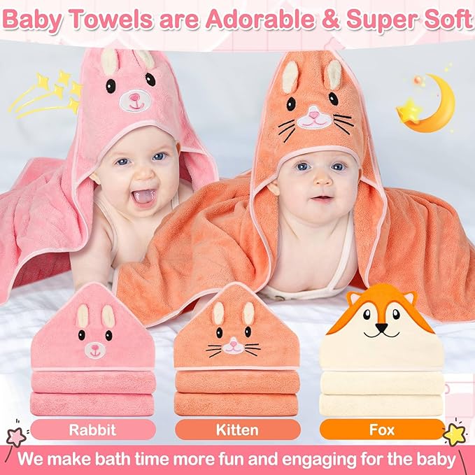 31x31 Inch Baby Hooded Towels, 12Pcs Baby Towels and Washcloths Set, Soft and Absorbent Baby Bath Towels, 3 PCS Cute 32x32 in Baby Towel with Hood and 9 Pcs Baby Washcloths for Boys and Girls