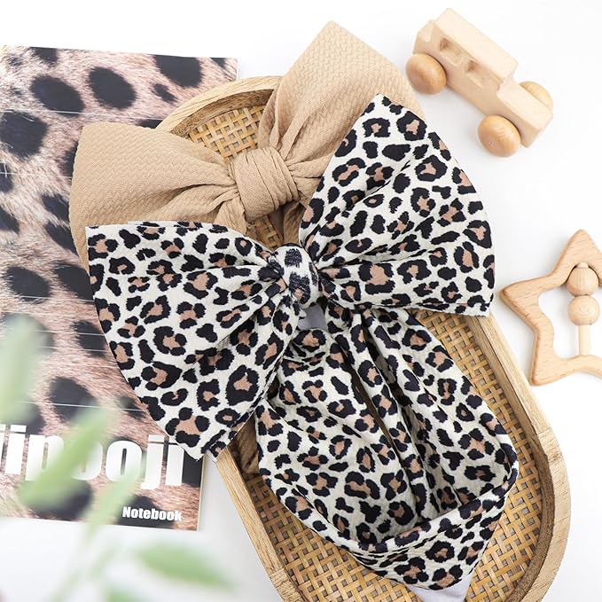 2Pcs Baby Girl Bows Leopard Print Headbands for Girls 7’’ Brown Bow Toddler Hair Accessories Newborn Infant Baby Hair Wrap