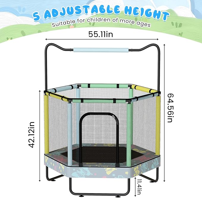 LAMERGE 55" 7-in-1 Round Trampoline for Kids Boys & Girls Ages 1-8, Indoor & Outdoor Trampoline for Fun, Adjustable Height Handrail ＆ Enclosed Safety Net ＆ Durable Designs for Toddlers Children