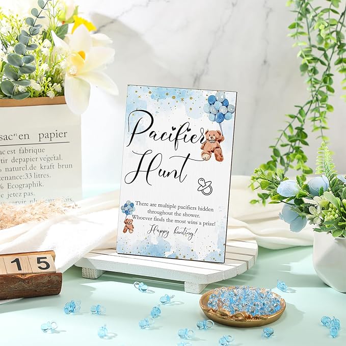 Roowest 51 Pcs Pacifier Hunt Baby Shower Game, Include Wooden Hunt Sign Bear Themed Baby Shower Sign Board with 50 Acrylic Pacifier Game for Gender Reveal Party(Blue)