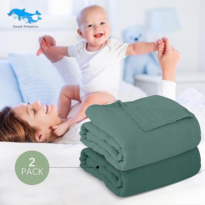 SWEET DOLPHIN Muslin Baby Bath Towels Blanket - 2 Pack 100% Cotton Towel for Babies, Infants, Toddlers - 40x40Inch - Highly Absorbent, Deep Emerald