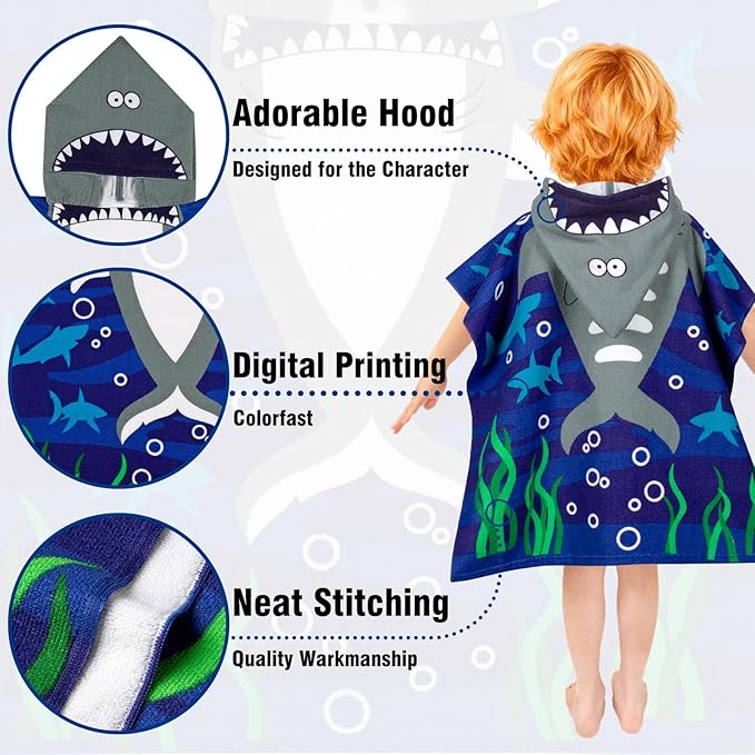 Hooded Kids Beach Towels - Toddler Bath Towel Girls Boys Swim Cover-ups for Ages 1 to 6 Kids Pool Towels Quick Dry Lightweight Soft Microfiber Poncho Towel 24x23 (Buble Shark)