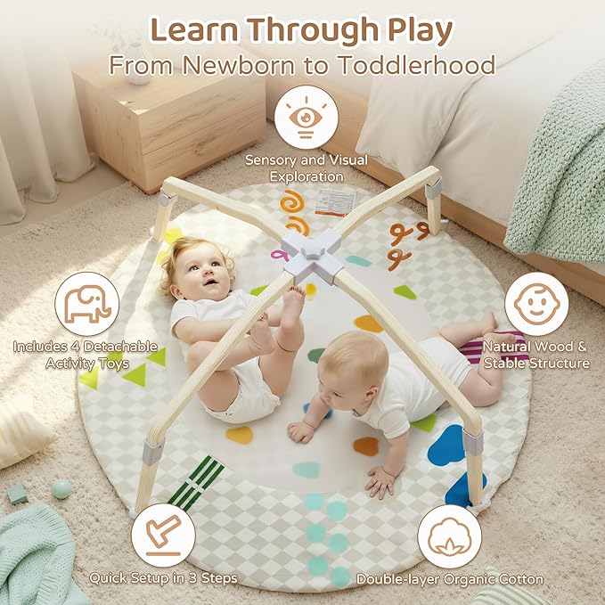 Bella's Friends Circus-Themed Baby Play Gym, 2-Sided High-Contrast Tummy Time Mat with 4 Detachable Sensory Toys, Foldable Wooden Frame Playmat for Stage-Based Development, Baby Essentials Shower Gift