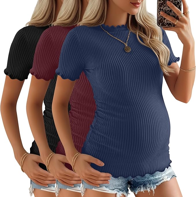 3 Pack Women's Maternity Tops Short Sleeve Ribbed Knit Maternity Shirts Crew Neck Side Ruched Pregnancy Clothes
