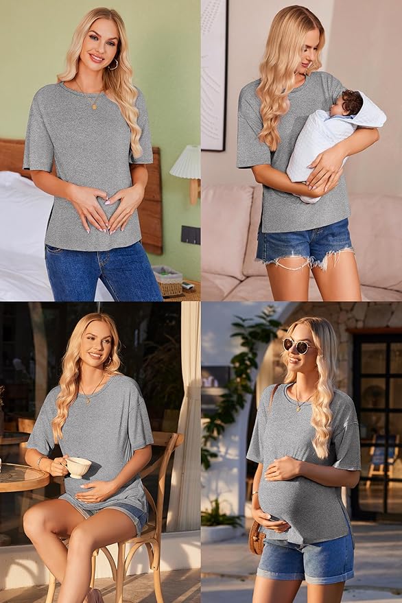 Ekouaer Maternity Shirts 3 Packs Short Sleeve Womens Oversized Pregnancy Tops Split Side Postpartum Blouse Clothes S-XXL