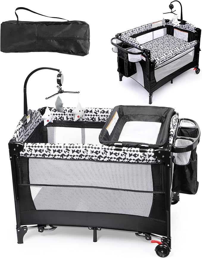 Xilingol 5-in-1 Baby Bassinet Bedside Sleeper, Baby Pack and Play with Changing Table, Portable Crib with Carry Bag, Cosleeper Bassinet Attach to Bed for Newborn to Toddlers