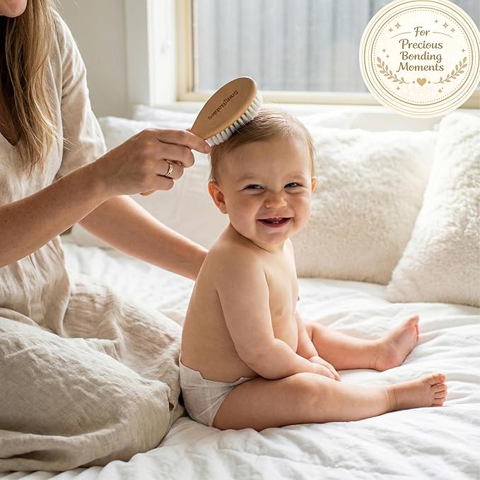 Wooden Baby Hair Brush with Natural Goat-Hair Bristles - Ultra Soft Baby Brush for Newborns & Infants with a Cotton Travel Pouch - Helps with Cradle Cap Care - 21cm Easy Grip Beech Wood Handle