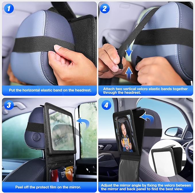 Baby Car Mirror with Adjustable Tablet Holder, Road Trip Essentials for Kids, Backseat Mirror to See Rear Facing Infant, Ipad Case for Car Headrest
