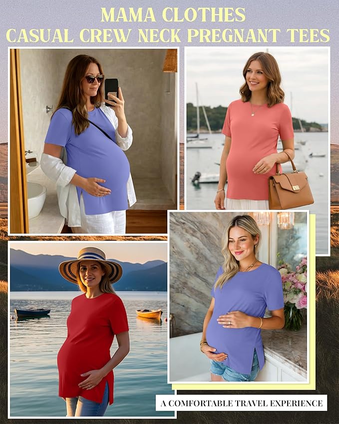 Ficerd 3 Pack Women's Maternity T Shirts, Short Sleeve Side Split Pregnancy Tops Casual Crew Neck Pregnant Tees Mama Clothes