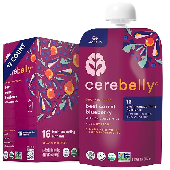 Cerebelly Organic Baby Food Pouches, Beet Carrot Blueberry Purees, 16 Nutrients, No Added Sugar, Fiber & Non-GMO, 4oz, 12 Pack