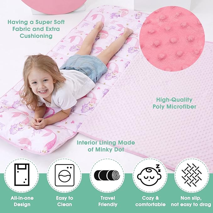 ACRABROS Toddler Nap Mat with Pillow and Blanket, Large Rolled Napping Mats,Slumber Bags for Boys Girls,Kids Sleeping Bag for Daycare, Preschool Travel