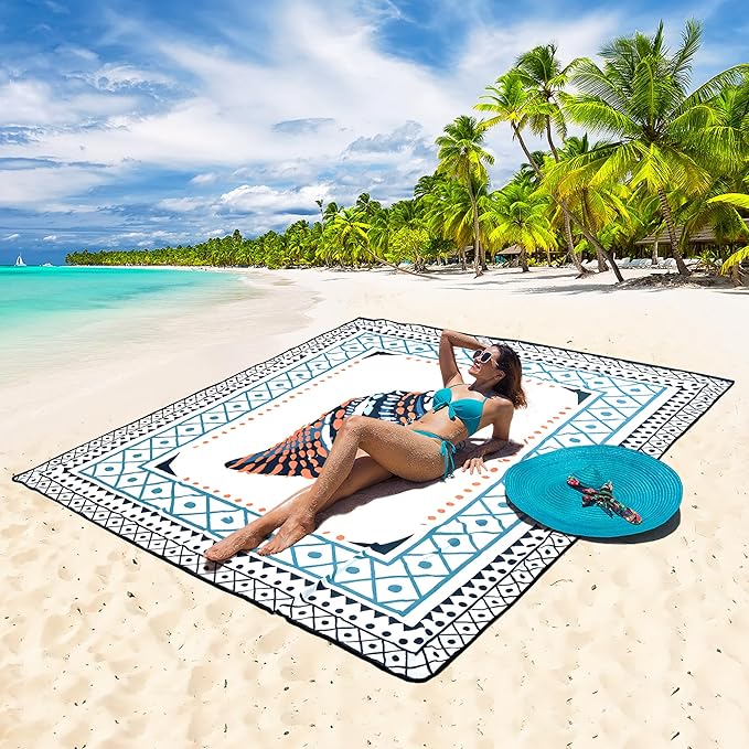 Beach Blanket Waterproof Sandproof Beach Mat 79" X 83"/10'x9'for 2-8 Adults Quick Drying Outdoor Picnic Mat Beach Accessories for Travel, Camping, Hiking