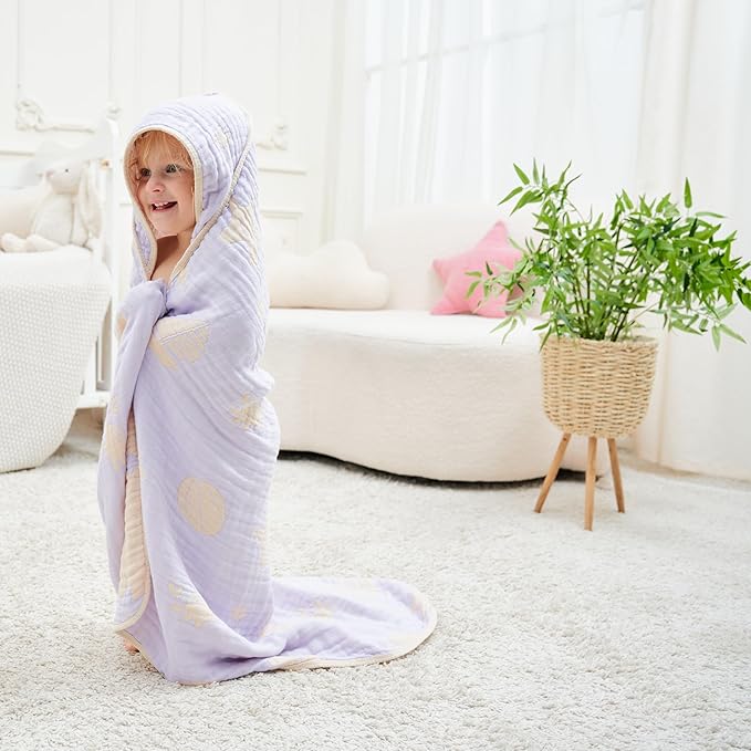 6-Layer Ultra-Soft Muslin Baby Hooded Towel - Made with Organic Cotton, Ocean Jacquard for Bath & Beach, 32x32 Inches (Lavender Ocean)