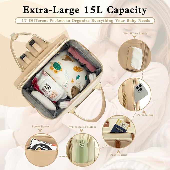 DERJUNSTAR Large Diaper Bag Backpack, Baby Dipaer bag with Insulated Bottle Holders, USB Charging Port, Travel Diaper Backpack for Mom & Dad