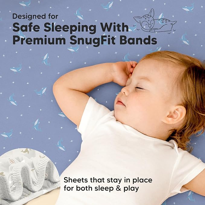 Pack and Play Sheets Fitted - 2-Pack Mini Crib Sheets for Pack N Play Mattress 38x26, Soft & Cozy, Neutral Toddler Playard Bedding, Snug Fitted Mini Baby Crib Mattress Cover Boy, Girl (Marine Muse)