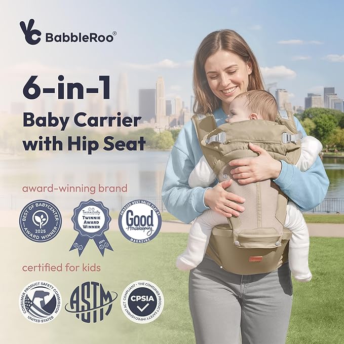 BabbleRoo Grow Carrier – Safety-Certified 6-in-1 Baby Carrier with Hip Seat, Ergonomic & Adjustable Toddler Carrier 7-50 lbs with Hip Support, Hood for Sun Protection, Newborn to Toddler, Warm Taupe