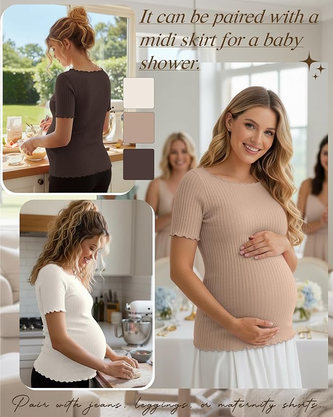 3 Pack Women's Maternity Ribbed Shirts Cotton Short Sleeve Pregnancy Tops Boat Neck Lettuce Trim Mama Clothes