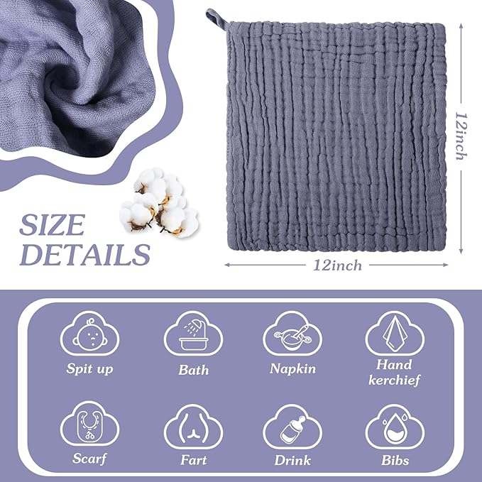 8 Pcs Baby Washcloths for Newborn 12 x 12 Inch Muslin Face Towels Cotton Absorbent for Delicate Skin Soft Muslin Cloth Reusable Baby Registry as Shower Gift, 4 Colors (Classic Color)