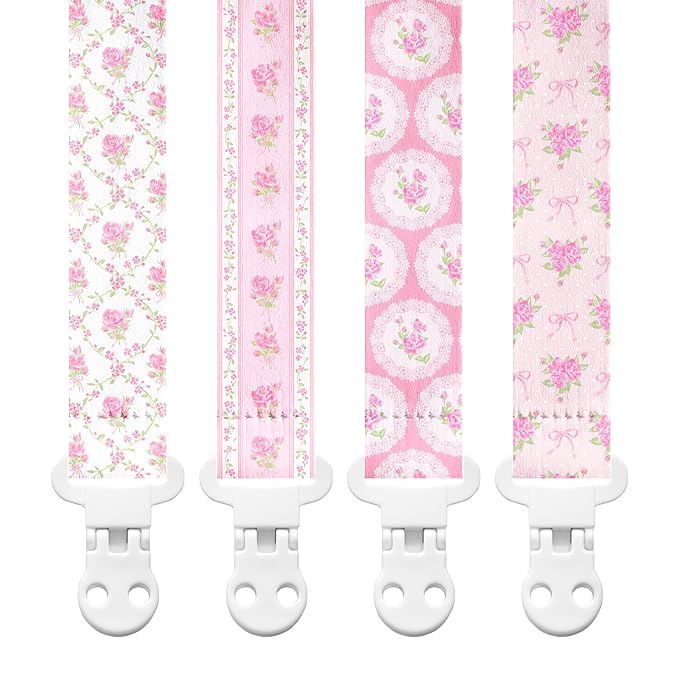 Stadela Baby Fabric Pacifier Clip Holder, Plastic Clip, 4‑Pack, Floral Pattern, Juliette Set