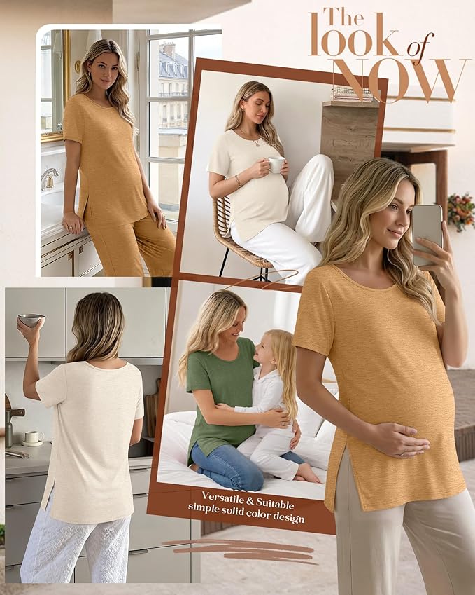 3 Pack Women's Maternity Shirts Short Sleeve Round Neck Side Split Pregnancy Tops Loose Summer Casual Mama Clothes
