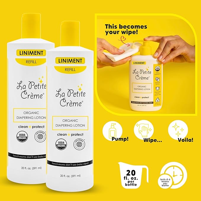 La Petite Creme French Premium Diapering Lotion - Diaper Cream Alternative to Baby Wipes - Moisturizer & Skin Cleanser - USDA Certified Organic Ingredients - Baby Essentials (2 Bottles of 20 oz)