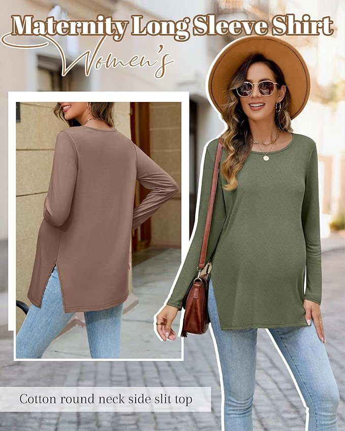 Riyiper 3 Pack Women's Maternity Long Sleeve T-Shirts Round Neck Side Split Tops Loose Casual Pregnancy Mama Clothes Fall