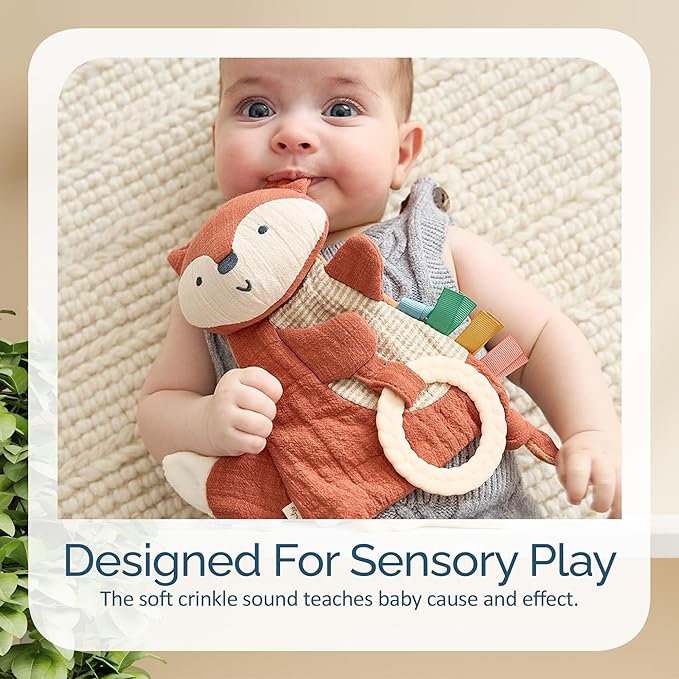 Itzy Ritzy - Bitzy Crinkle Sensory Toy for Babies & Toddlers — Features Crinkle Sound, Soft Braided Teething Toy Ring & Textured Ribbons — Gender Neutral Baby Item for Ages 0 Months & Up, Fox