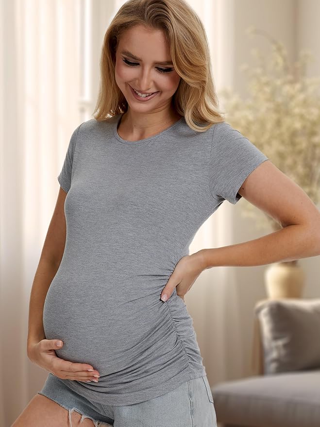 3 Pack Womens Maternity Shirts - Crew Neck Maternity Top Short Sleeve Pregnancy Tee Shirts