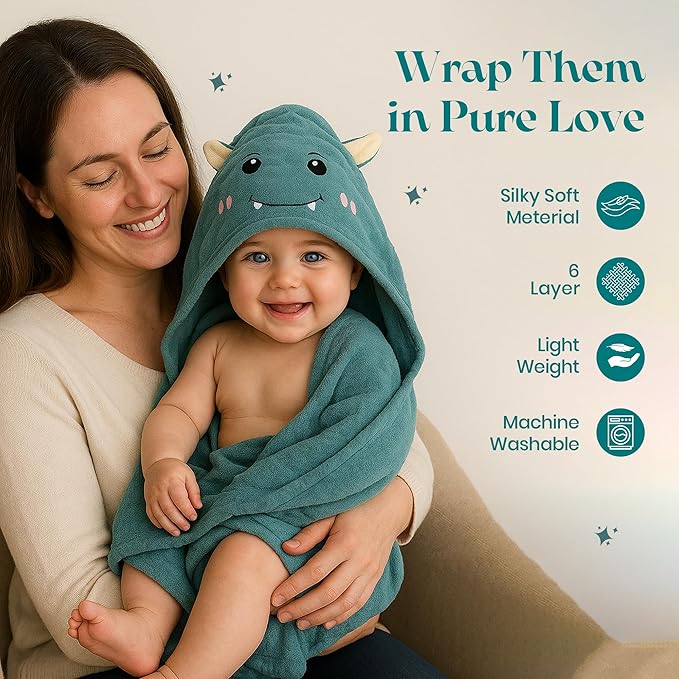 Chungie Soft Muslin Hooded Baby Towels 32x32 inches – 100% Cotton, 6-Layer Breathable Newborn Bath Towels with Hood, Pack of 2 (Printed + Embroidered)