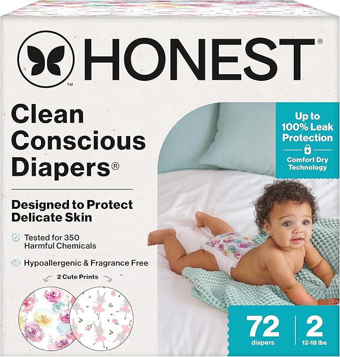 The Honest Company Comfort Dry Disposable Diapers for Sensitive Skin, Hypoallergenic, Rose Blossom + Tutu Cute, Club Box Size 2 (12–18 lbs), 72 Count