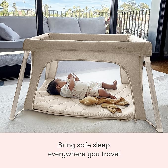Newton Baby Compact Travel Crib & Play Yard | Breathable & Washable Mattress, Foldable Carry-On Size, Backpack Straps, Newton Bassinet Attachment NOT Compatible - Sand